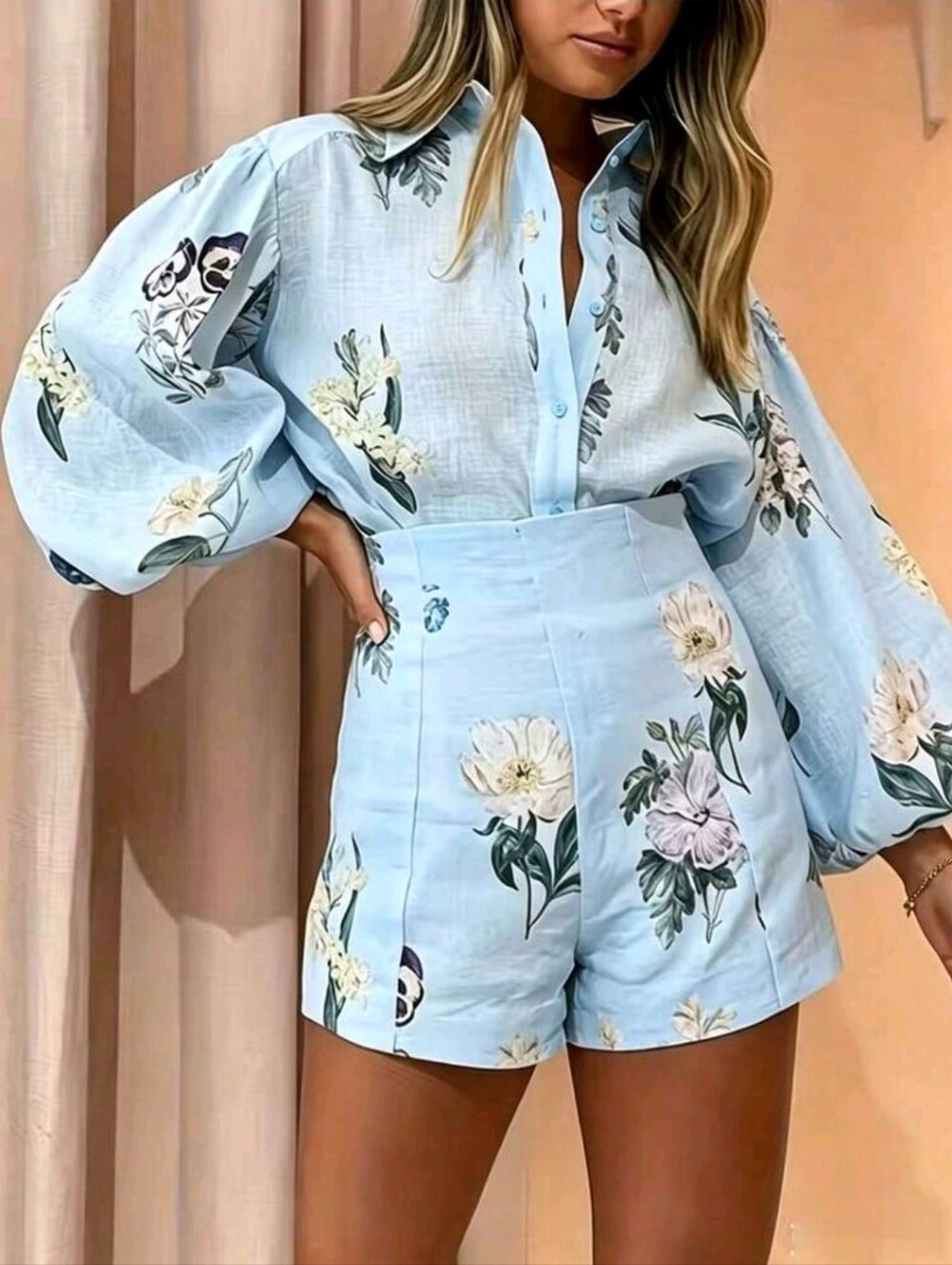 Clazzique Floral Print Lantern Sleeve Shirt & High-Waist Shorts 2pcs Set